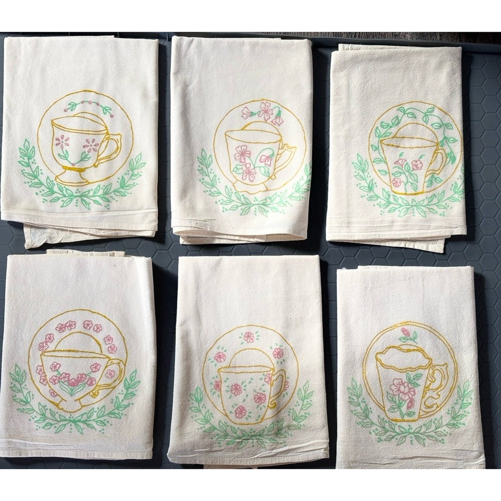 6 Vtg Liquid Painted Kitchen Tea Towels w Pink Floral Cups & Saucers 18.5" x 35"